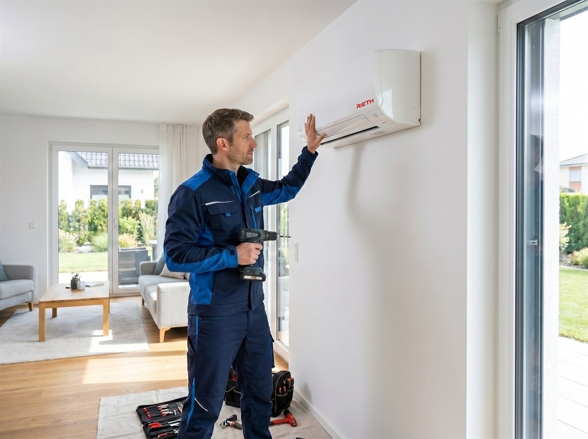 Rieth-Monteur installiert eine Split-Klimaanlage in einem Wohnraum