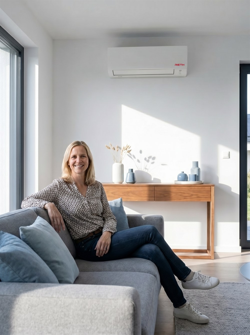 Bewohnerin entspannt im Wohnzimmer, an der Wand ein Split-Klimager&auml;t