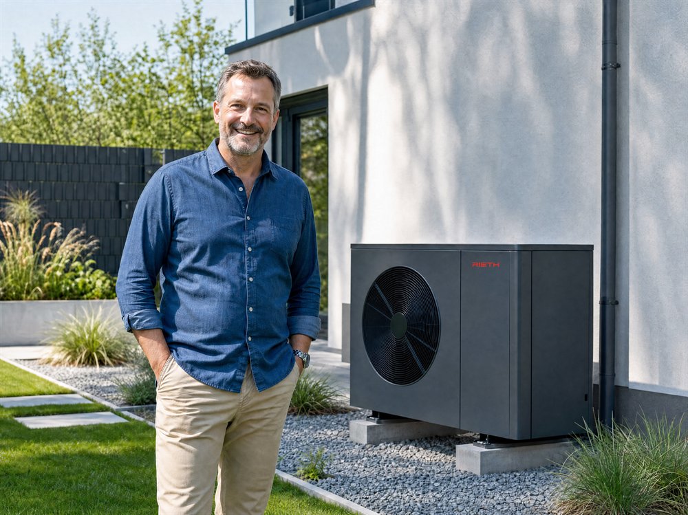 Zufriedener Hausbesitzer vor seiner neuen Rieth-W&auml;rmepumpe