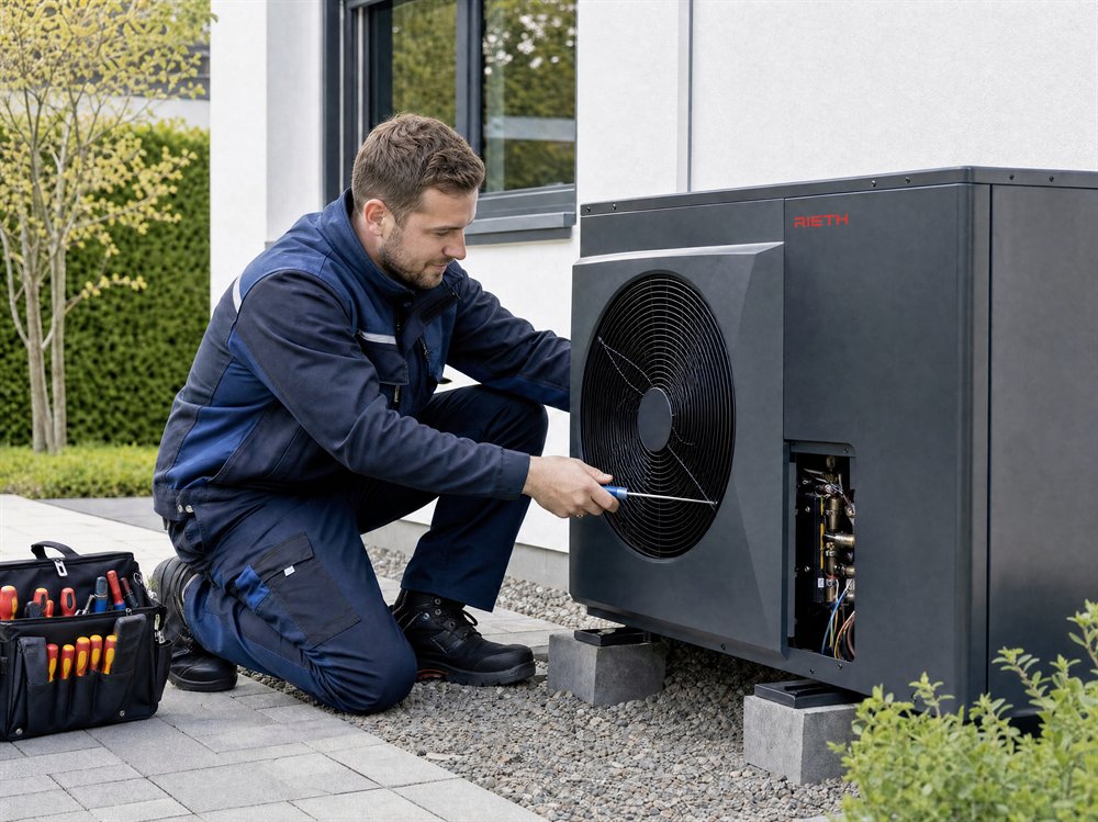 Rieth-Monteur bei der Installation einer W&auml;rmepumpe