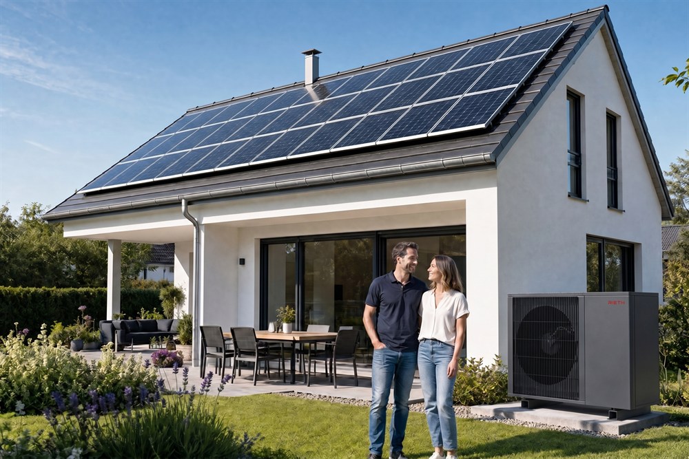 Sonnen-Klima-Paket: Klimaanlage und Photovoltaik-Solaranlage an einem modernen Einfamilienhaus