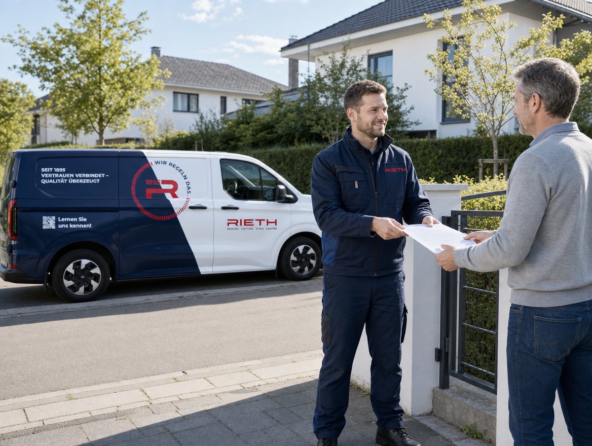 Rieth-Monteur &uuml;bergibt einem Kunden ein schriftliches Angebot vor dem Firmenwagen in Wiesbaden