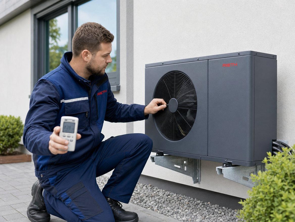 Rieth-Monteur liest den Fehlercode aus und pr&uuml;ft die laute Au&szlig;eneinheit einer Klimaanlage in Wiesbaden