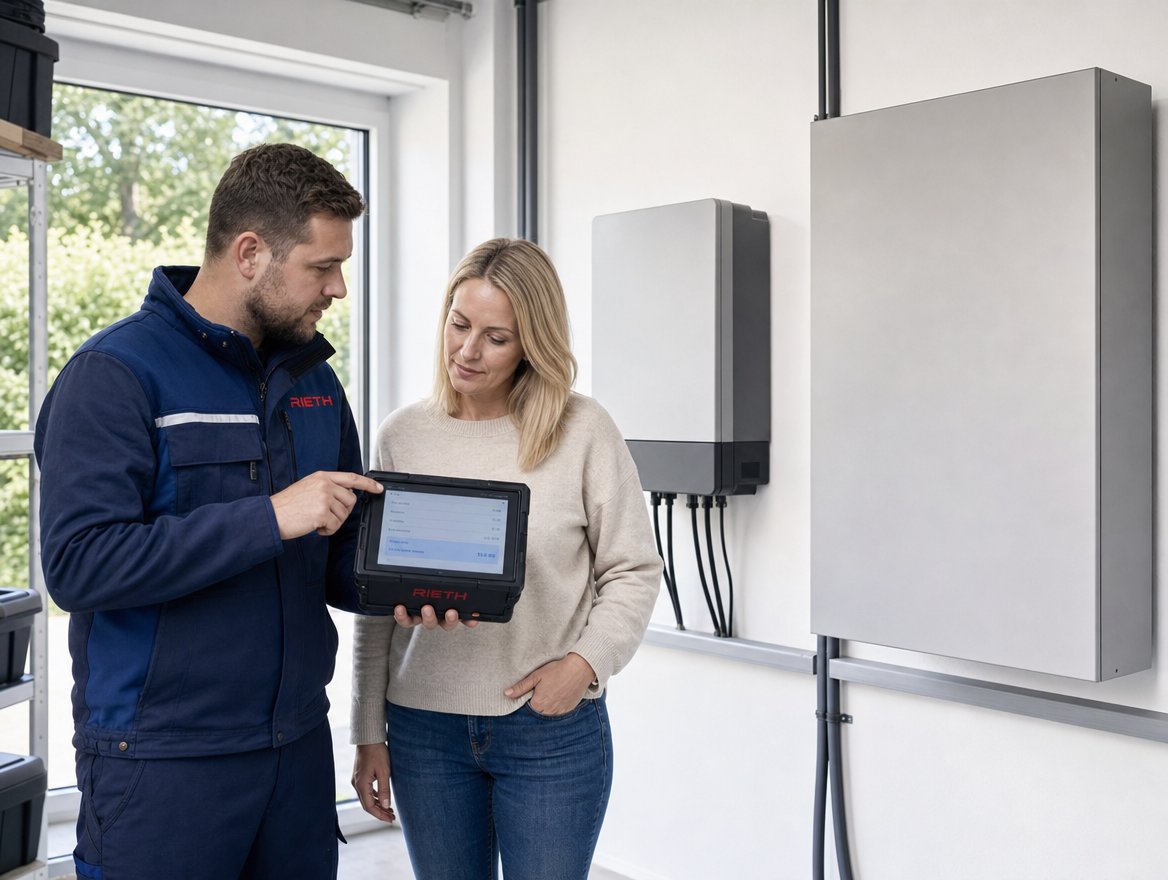 Rieth-Monteur zeigt einem Kunden den Kostenvoranschlag f&uuml;r die PV-Reparatur an Wechselrichter und Stromspeicher in Wiesbaden