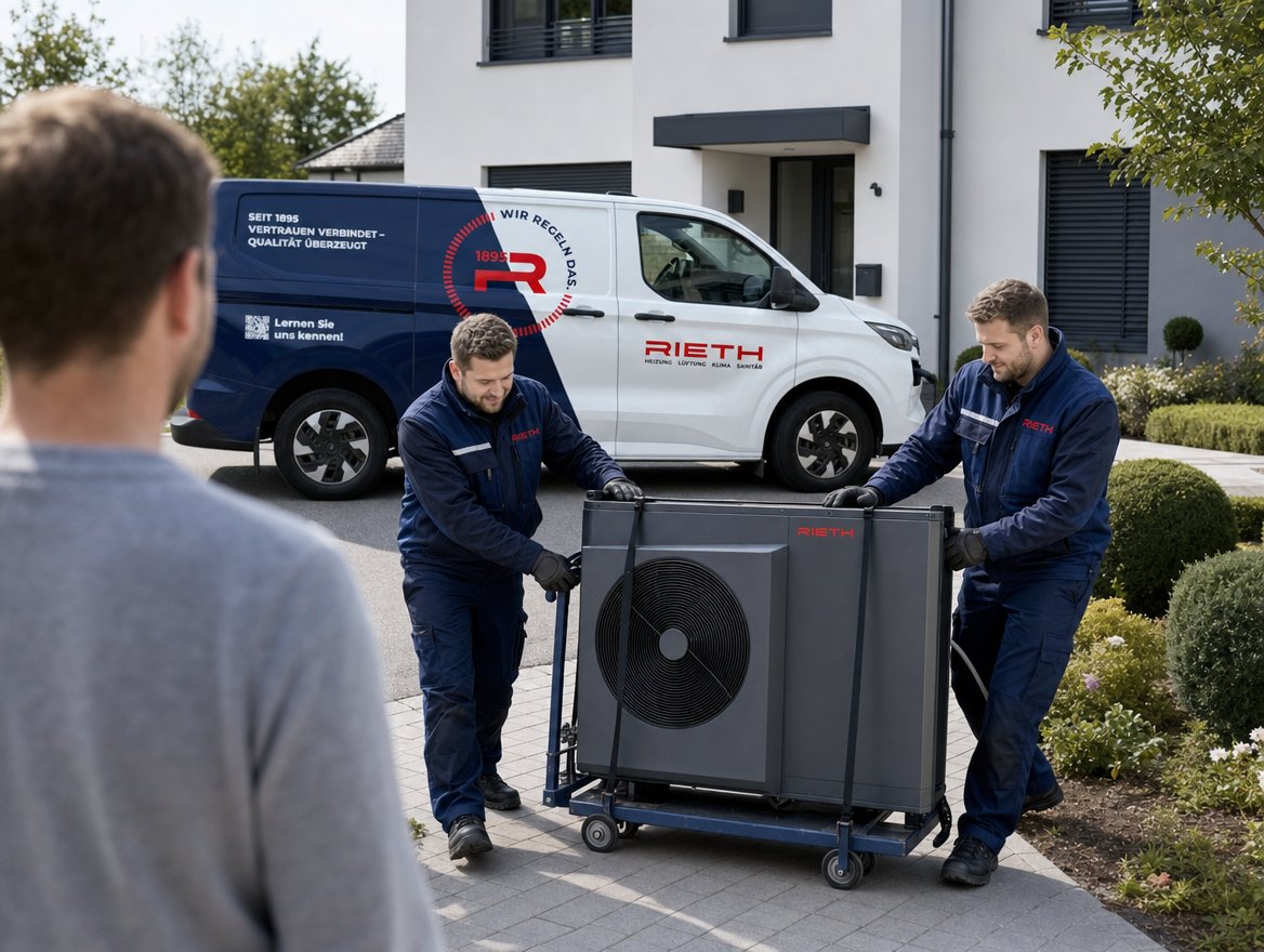 Zwei Rieth-Monteure bewegen eine neue W&auml;rmepumpe mit einem Transportroller zum Haus, im Hintergrund der Rieth-Firmenwagen in Wiesbaden