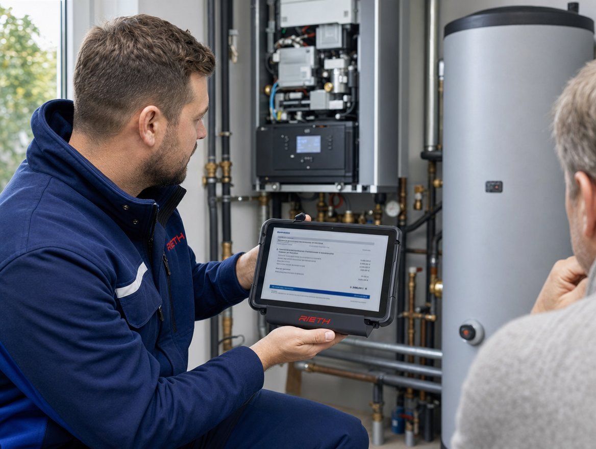 Rieth-Monteur erkl&auml;rt einem Kunden den Reparatur-Kostenvoranschlag am W&auml;rmepumpen-Pufferspeicher in Wiesbaden