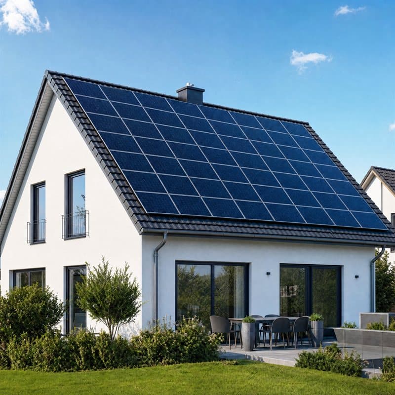 Solaranlage / Photovoltaik auf dem Dach eines modernen Einfamilienhauses
