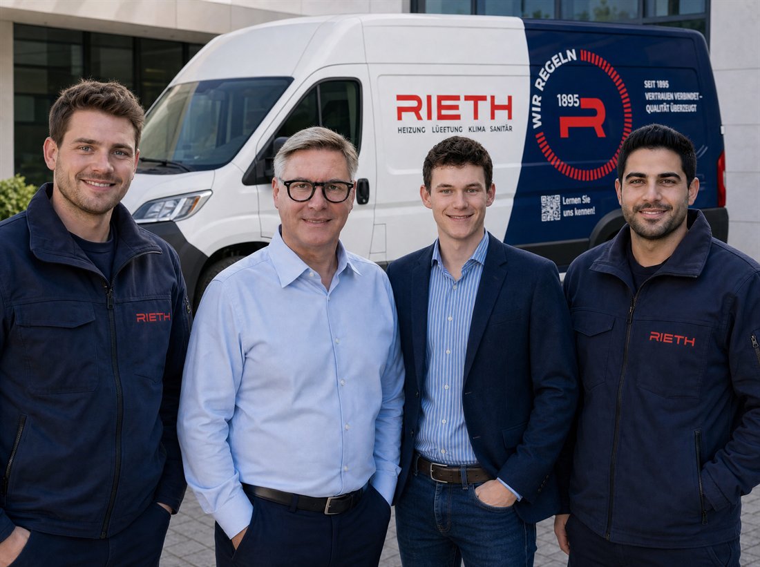 Andreas Marth und das Rieth-Team vor dem Firmenfahrzeug